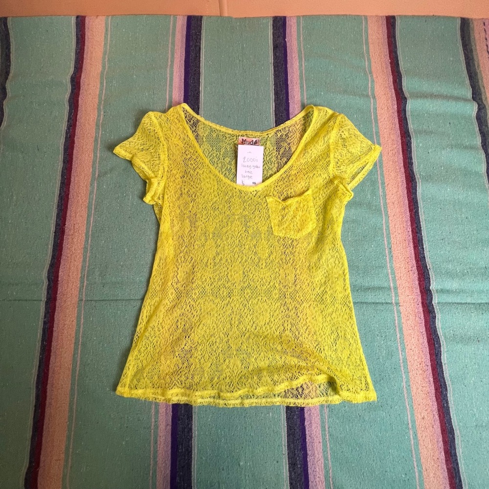 Mudd Lace Knit Tee Womens Large Yellow Sheer Scoop Neck Y2K Boho Floral JKM31206